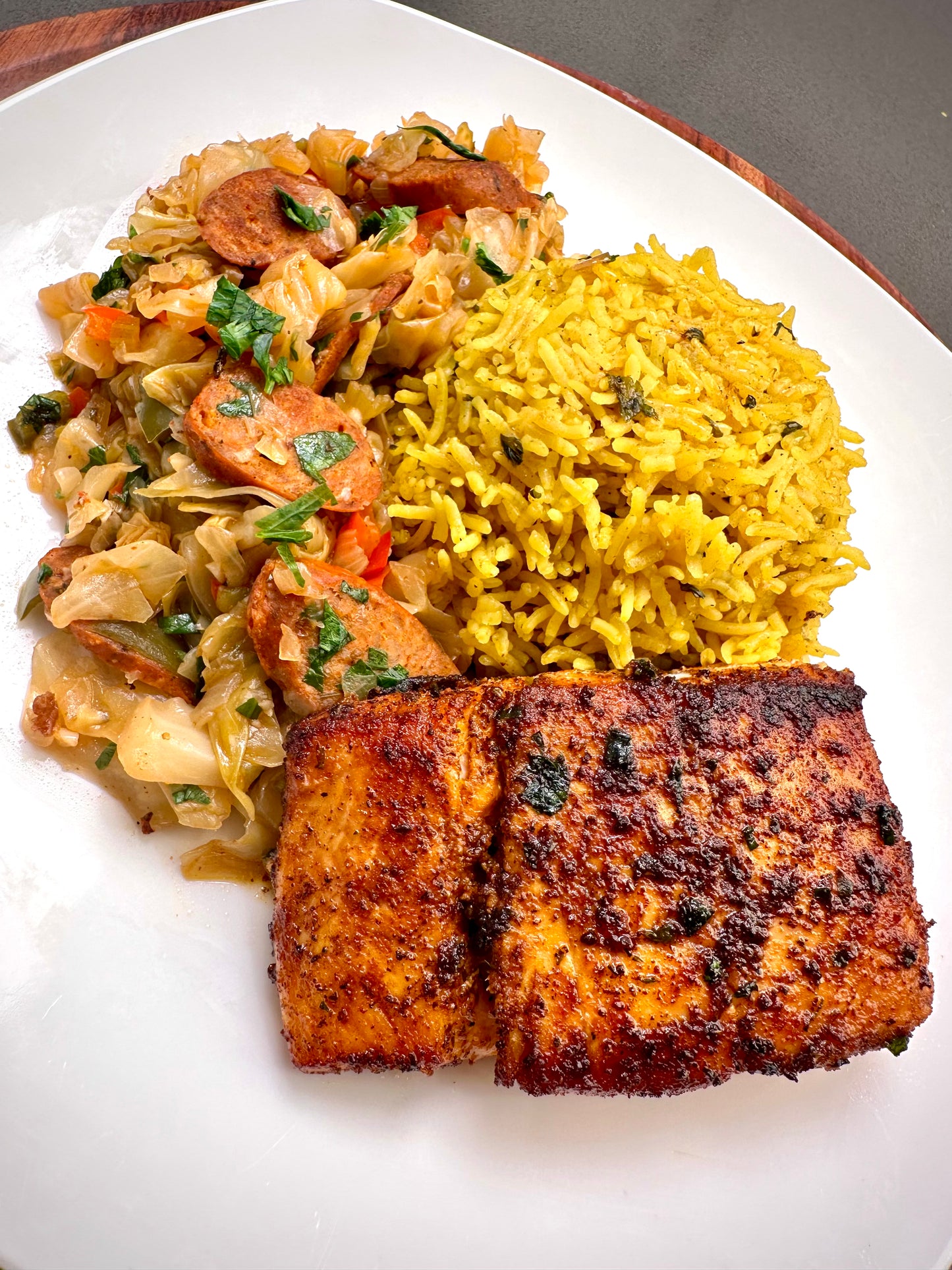 Smothered Cabbage, Yellow Rice, and Blackened Halibut
