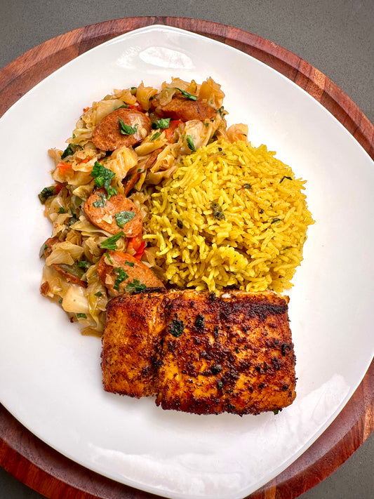 Smothered Cabbage, Yellow Rice, and Blackened Halibut