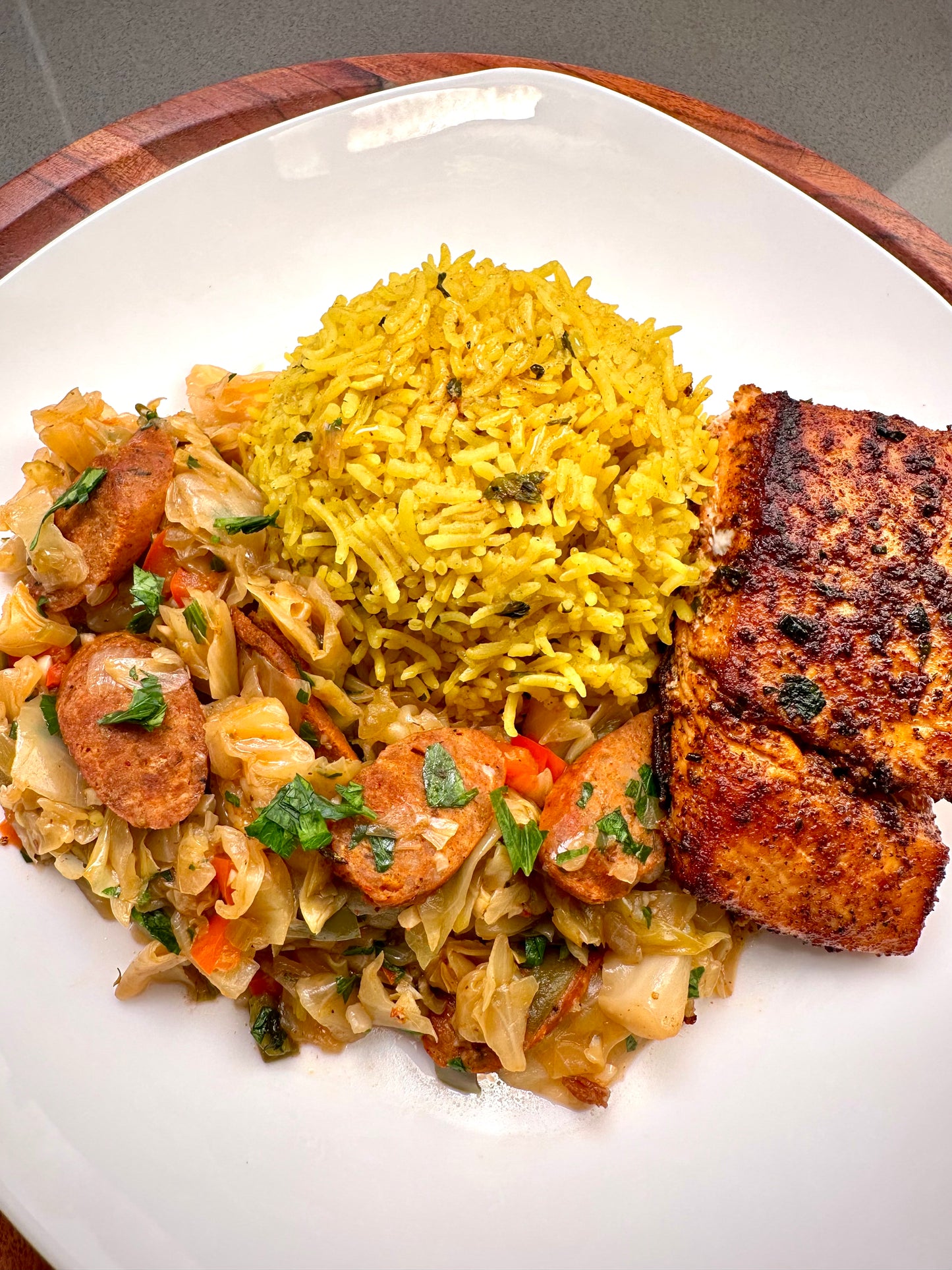Smothered Cabbage, Yellow Rice, and Blackened Halibut